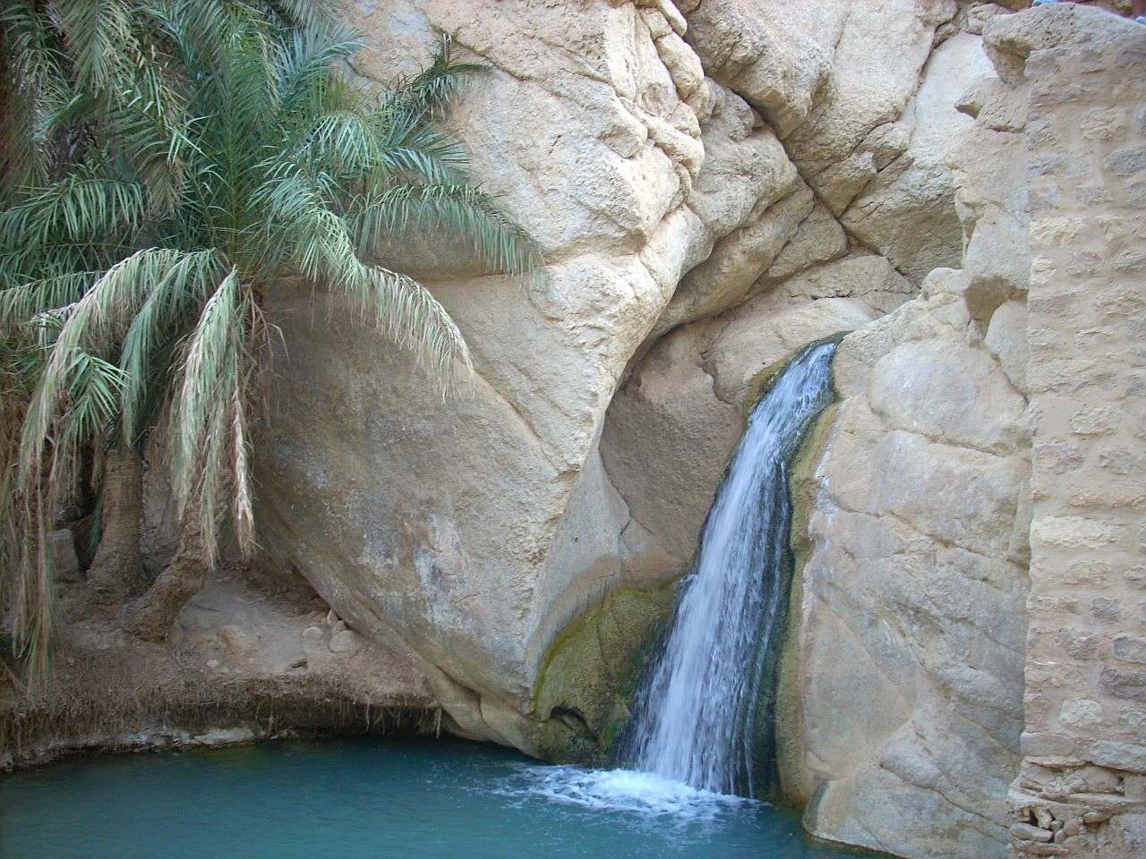 Tunisia, rock with waterfall
